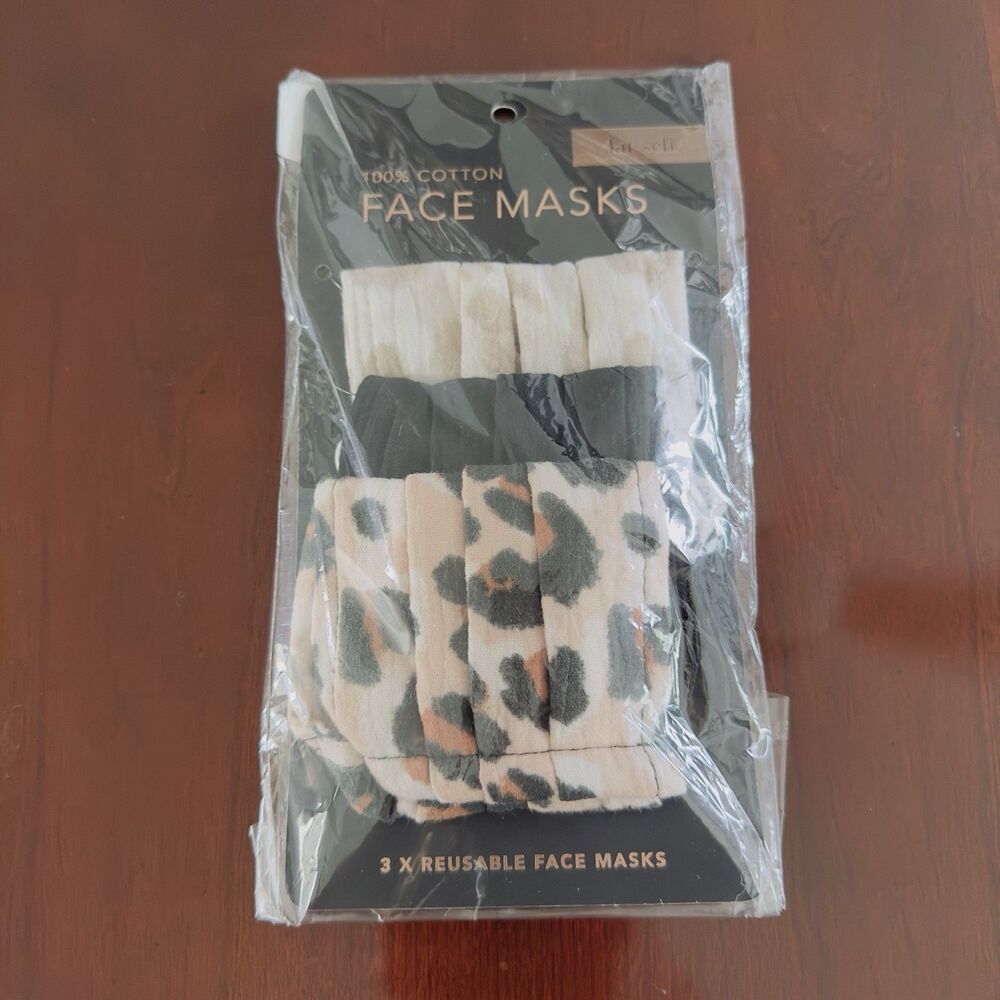 Kitsch 100% Cotton Face Masks 3pc~BRAND NEW Leopard, Black & Spotted Cream White